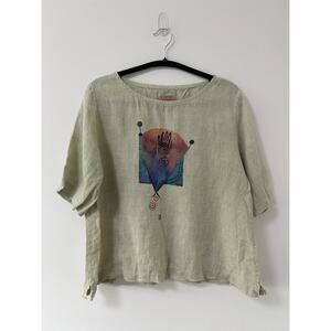 UNIQUE Artsy Steel Pony Boxy Cropped Top Shirt Linen‎ Green Painted Size 2
